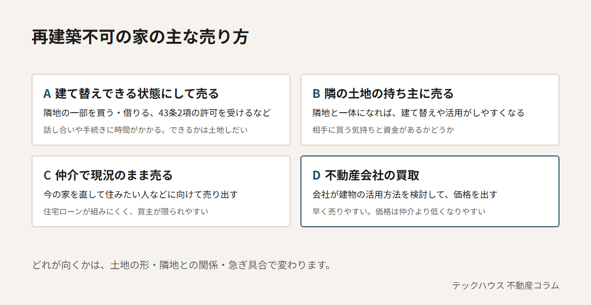 再建築不可の家の主な売り方4つ。Aは隣地の一部を買う・借りる、43条2項の許可を受けるなどして建て替えできる状態にして売る。Bは隣の土地の持ち主に売る。Cは仲介で現況のまま売る。Dは不動産会社の買取