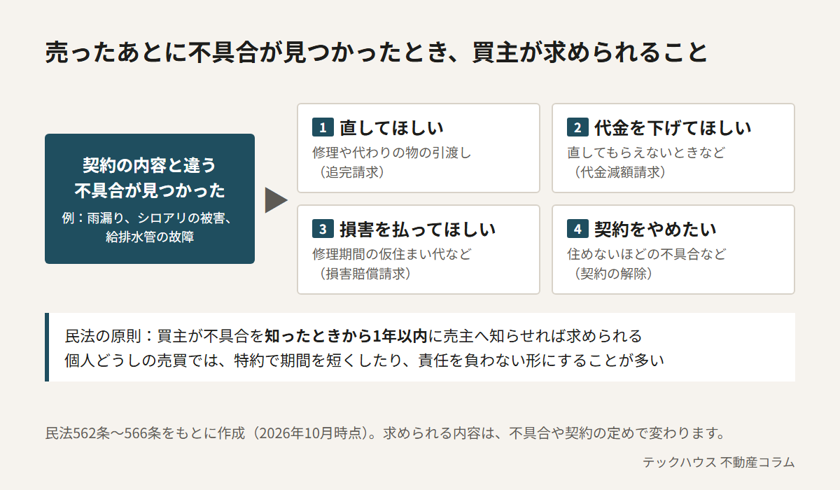 契約の内容と違う不具合が見つかったとき、買主が求められる4つのこと。修理などを求める追完請求、代金減額請求、損害賠償請求、契約の解除。民法の原則では買主が不具合を知ったときから1年以内に売主へ知らせれば求められる