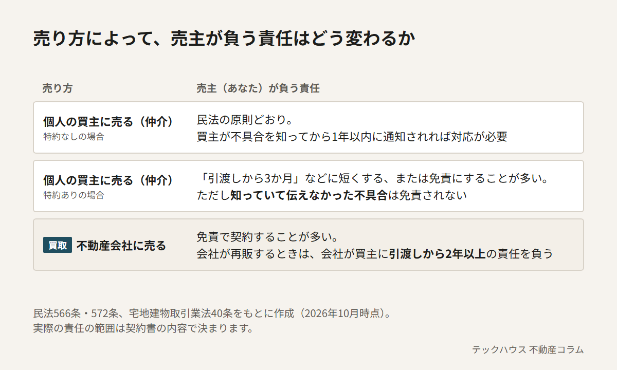 売り方による売主の責任の違い。個人の買主に仲介で売り特約がない場合は民法の原則どおり、特約がある場合は期間を短くするか免責にすることが多いが知っていて伝えなかった不具合は免責されない。不動産会社に買取で売る場合は免責で契約することが多く、会社が再販するときは会社が引渡しから2年以上の責任を負う