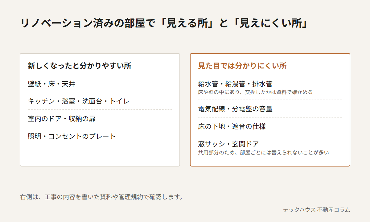 リノベーション済みの部屋で、壁紙・床・水まわりの設備・室内ドア・照明は新しくなったと分かりやすい一方、給水管・給湯管・排水管、電気配線と分電盤の容量、床の下地と遮音の仕様、窓サッシと玄関ドアは見た目では分かりにくいことを示した図