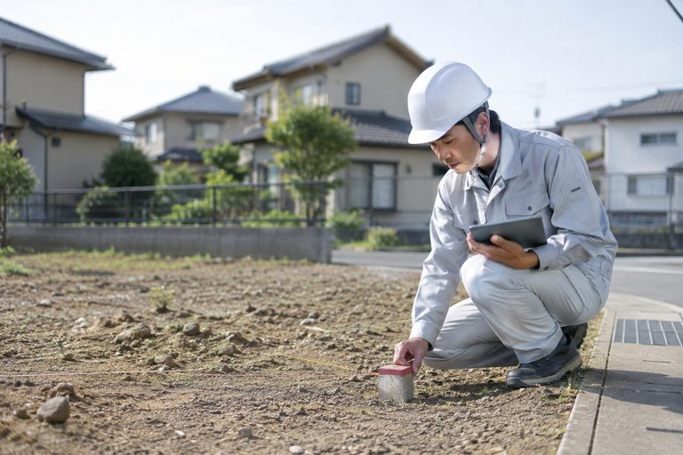 作業服とヘルメット姿の男性が、更地の境界標をタブレットを手に確認している様子