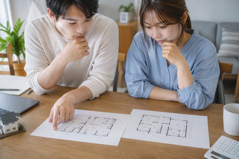 テーブルの上で、何枚かの間取り図を見比べている手元