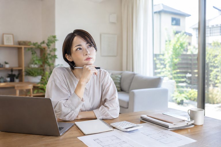 ノートパソコンと間取り図、電卓を前に、住宅購入の予算を考える女性