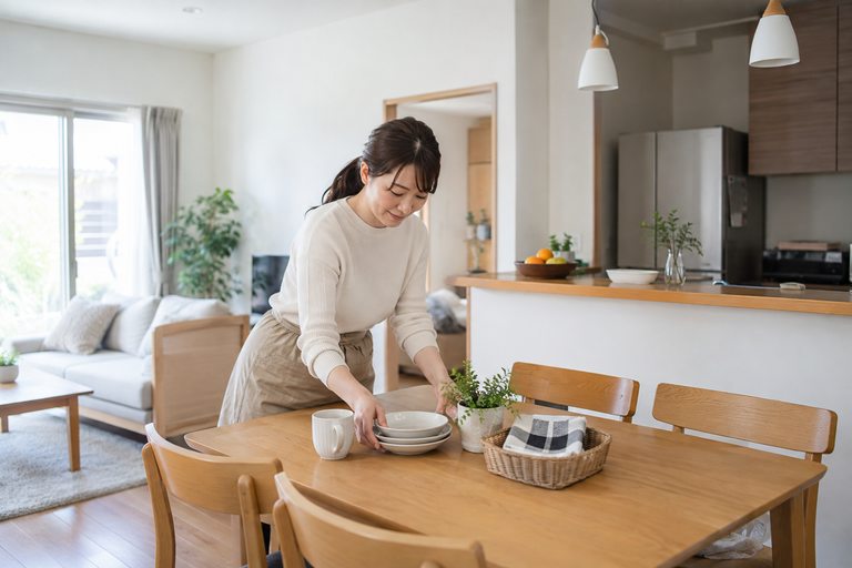 内覧の前にダイニングテーブルの上を片付けている女性
