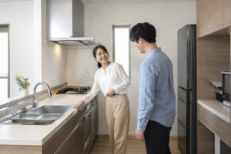 住宅のキッチンで使い勝手を確かめている夫婦